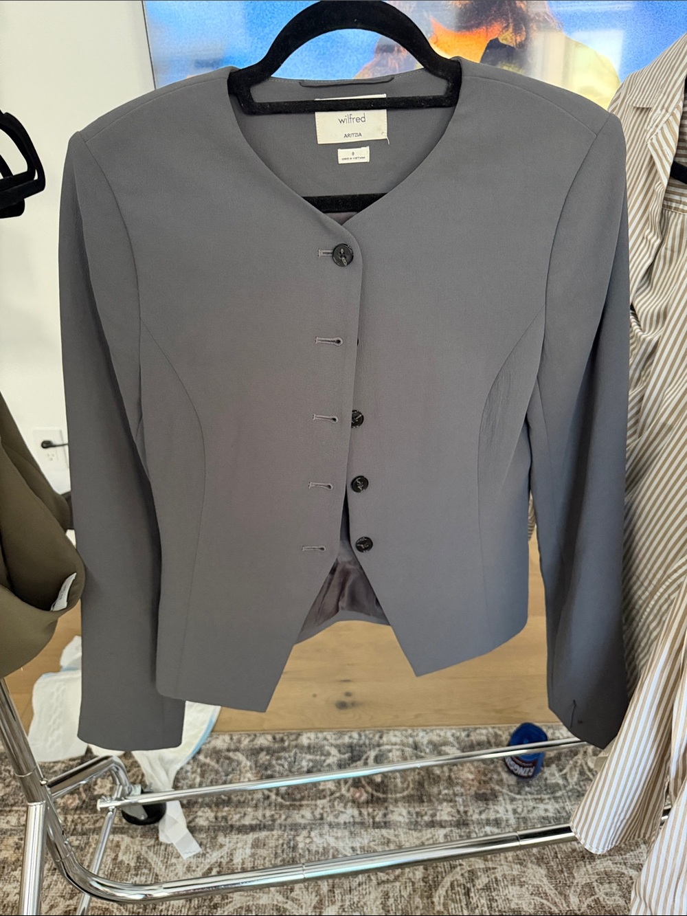 Wilfred Charcoal Gray Collarless Tailored Blazer